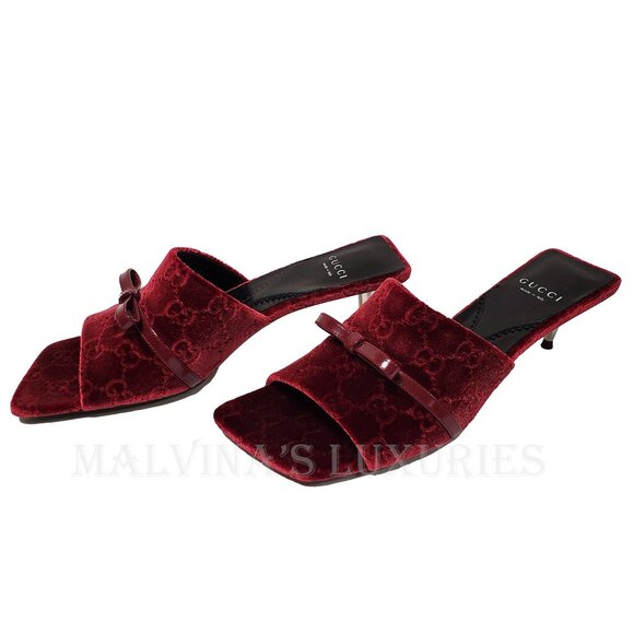 GUCCI SHOES GG LOGO BURGUNDY VELVET w BOW DETAIL SLIDES sz 38 8 US - Picture 3 of 15